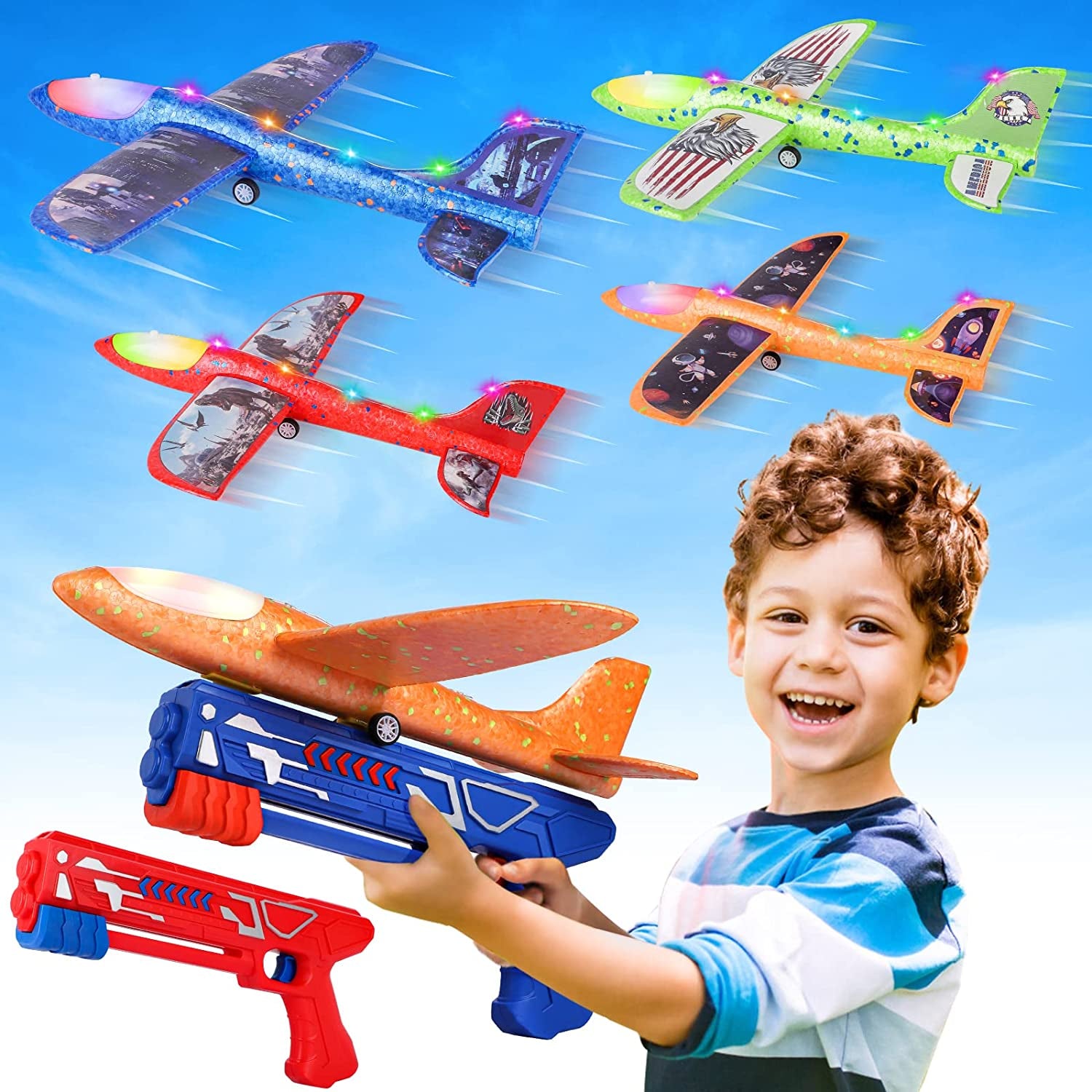 3 Pack Airplane Launcher Toys, 13.2'' LED Foam Glider Catapult Plane Toy for Boys, 2 Flight Modes Outdoor Flying Toys Birthday Gifts for Boys Girls 4 5 6 7 8 9 10 11 12 Year Old